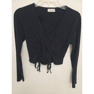 Full Circle Trends Crop Top L Black Drawstring Rooshed V Neck Long Sleeve
